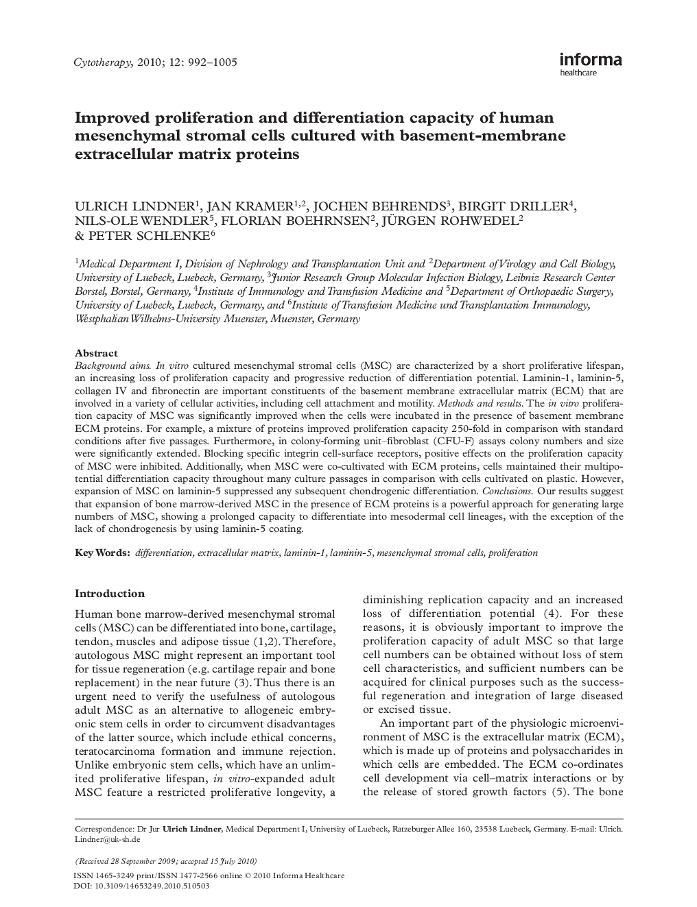 Improved proliferation and differentiation capacity of human mesenchymal stromal cells cultured with basement-membrane extracellular matrix proteins