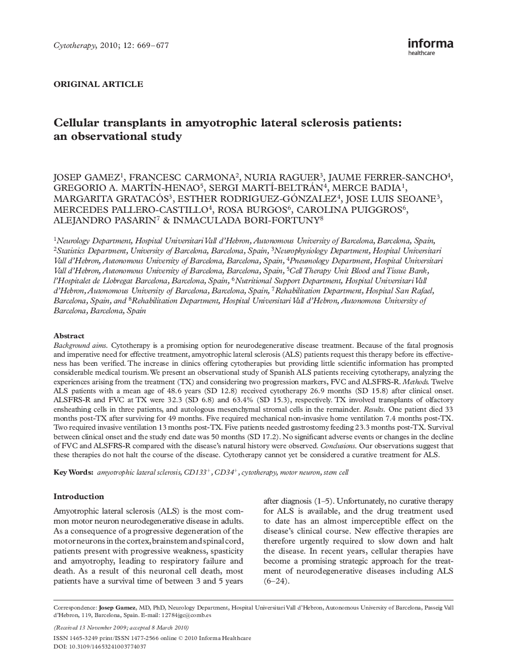 Cellular transplants in amyotrophic lateral sclerosis patients: an observational study