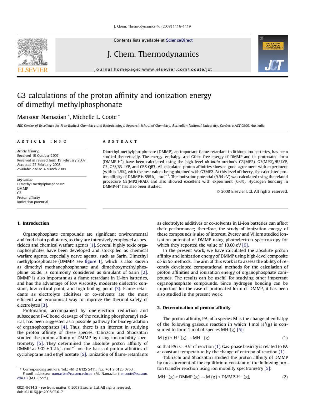 G3 calculations of the proton affinity and ionization energy of dimethyl methylphosphonate