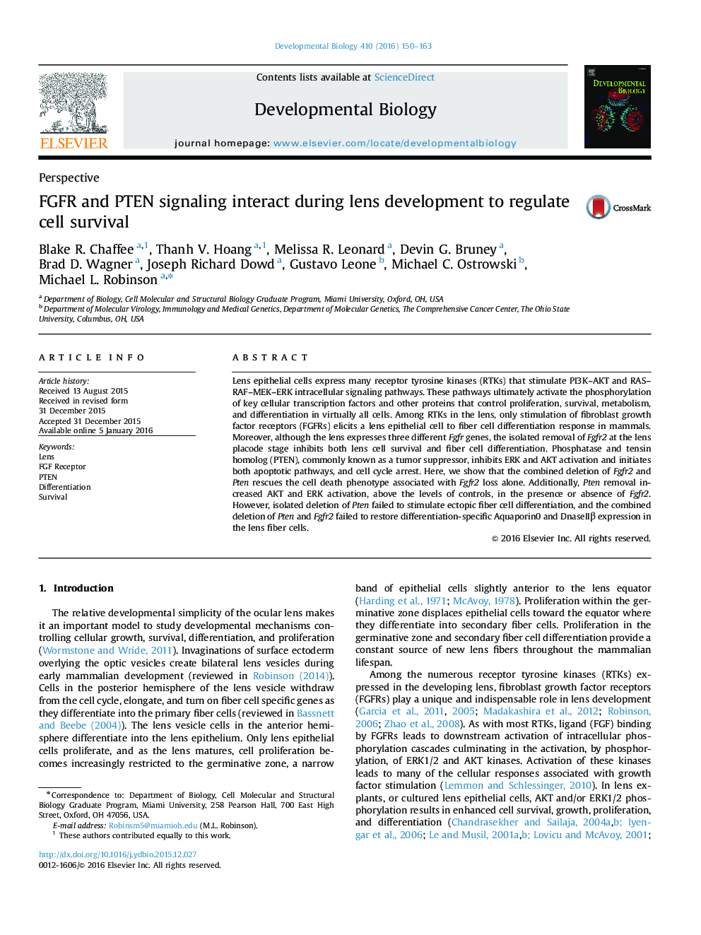 FGFR and PTEN signaling interact during lens development to regulate cell survival