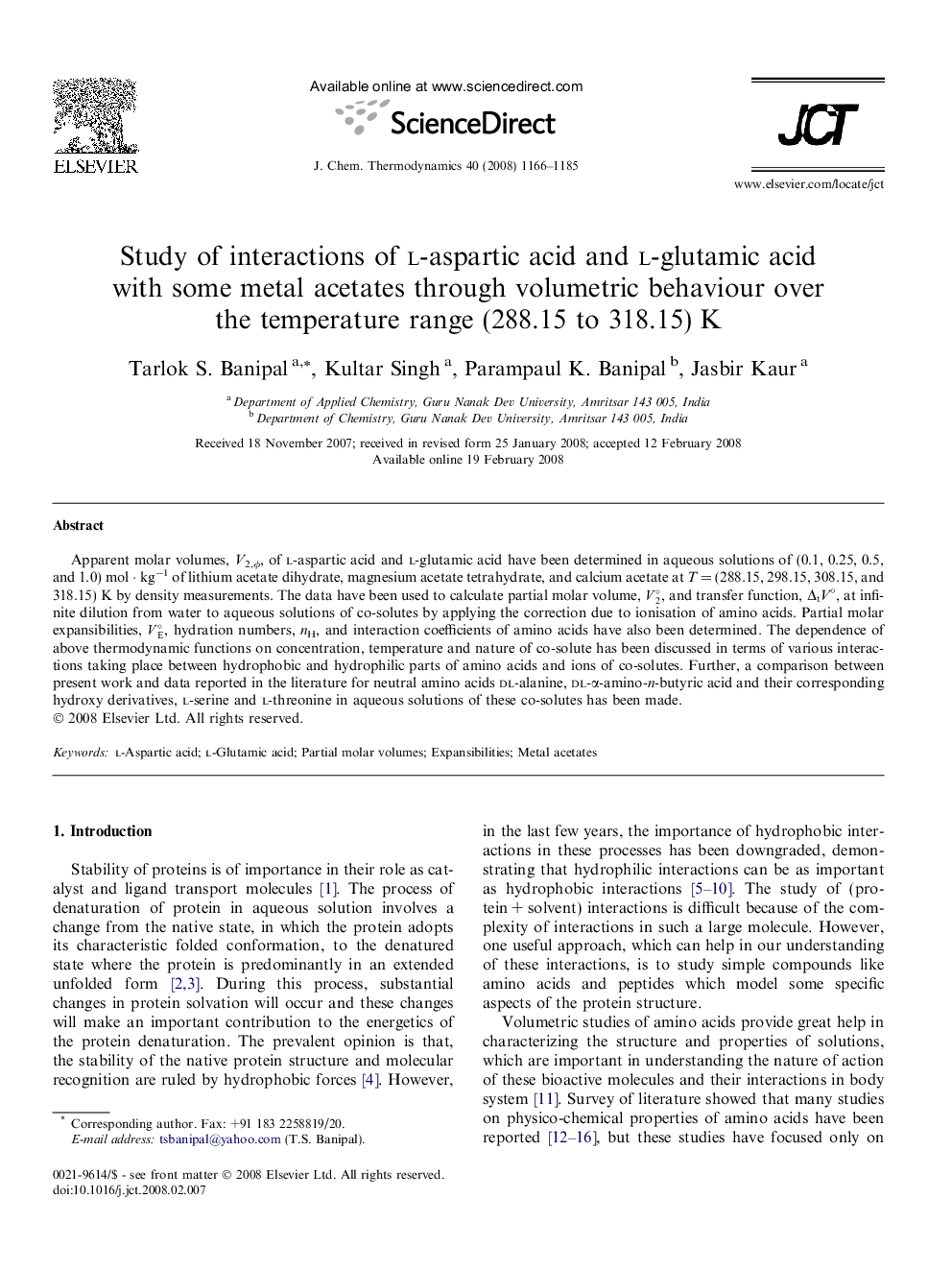 Study of interactions of l-aspartic acid and l-glutamic acid with some metal acetates through volumetric behaviour over the temperature range (288.15 to 318.15) K