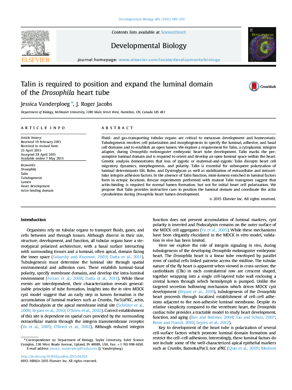 Talin is required to position and expand the luminal domain of the Drosophila heart tube