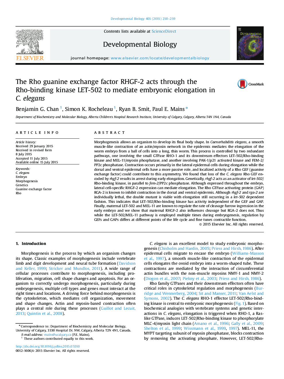 The Rho guanine exchange factor RHGF-2 acts through the Rho-binding kinase LET-502 to mediate embryonic elongation in C. elegans