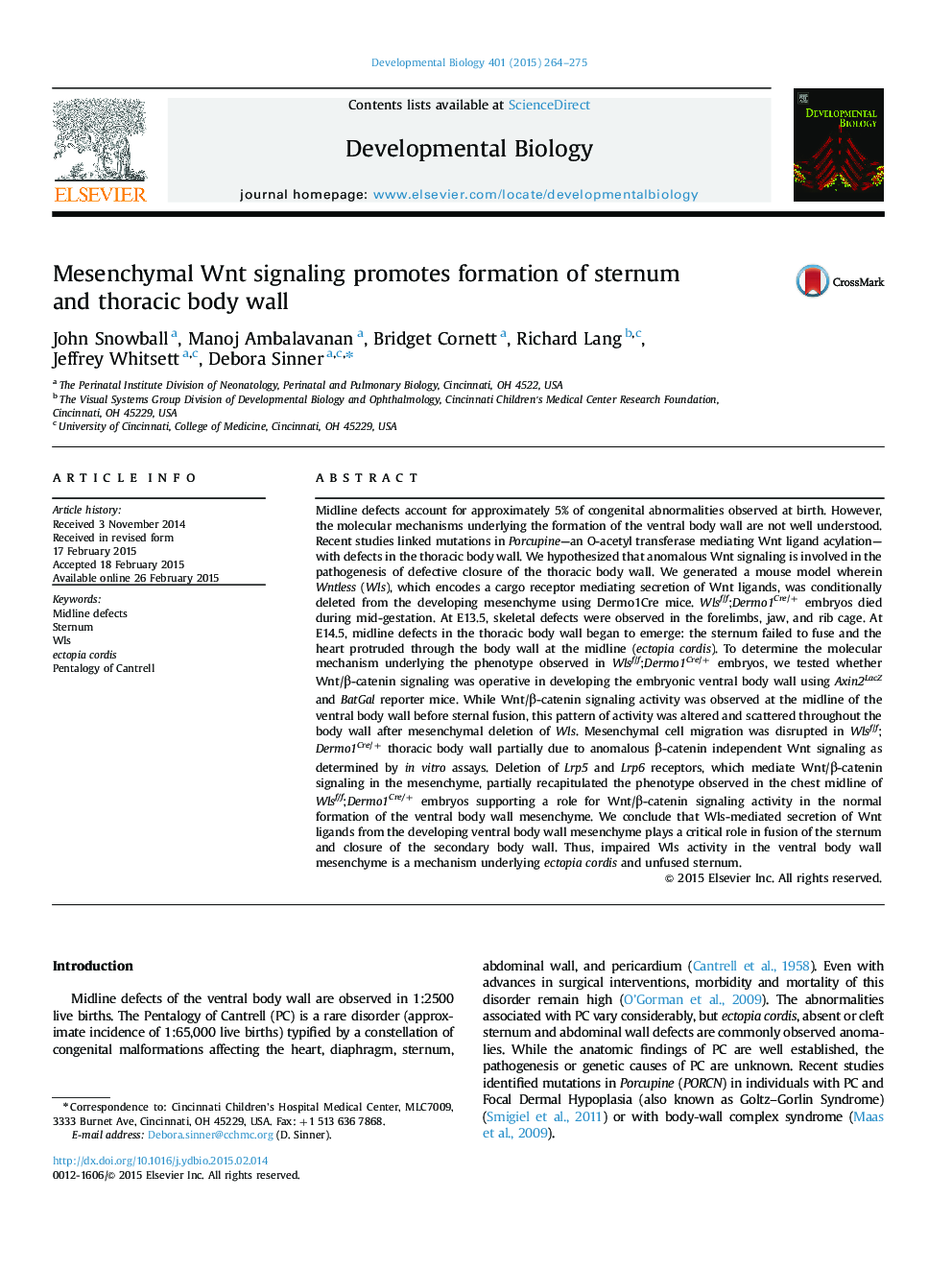 Mesenchymal Wnt signaling promotes formation of sternum and thoracic body wall