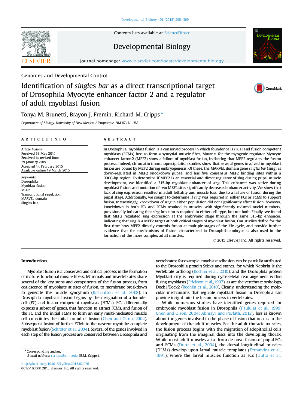 Identification of singles bar as a direct transcriptional target of Drosophila Myocyte enhancer factor-2 and a regulator of adult myoblast fusion