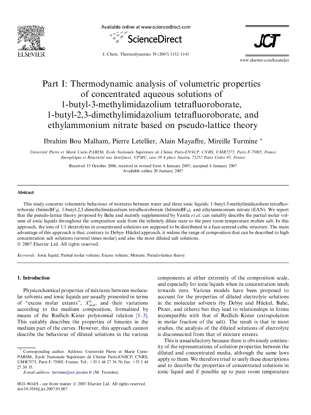 Part I: Thermodynamic analysis of volumetric properties of concentrated aqueous solutions of 1-butyl-3-methylimidazolium tetrafluoroborate, 1-butyl-2,3-dimethylimidazolium tetrafluoroborate, and ethylammonium nitrate based on pseudo-lattice theory