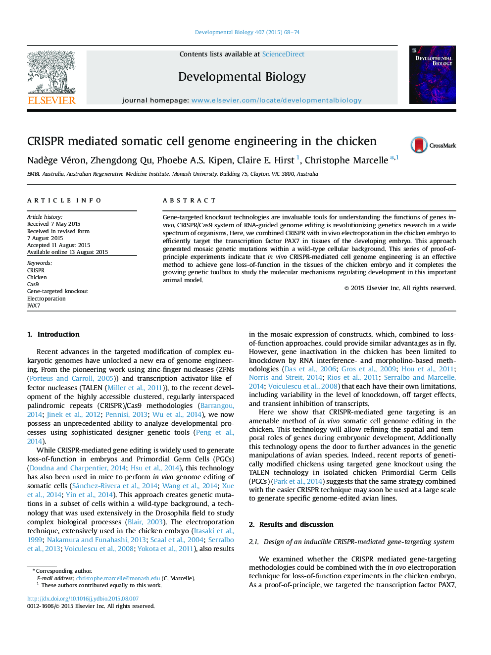 عکس صفحه اول مقاله: CRISPR mediated somatic cell genome engineering in the chicken CRISPR mediated somatic cell genome engineering in the chicken