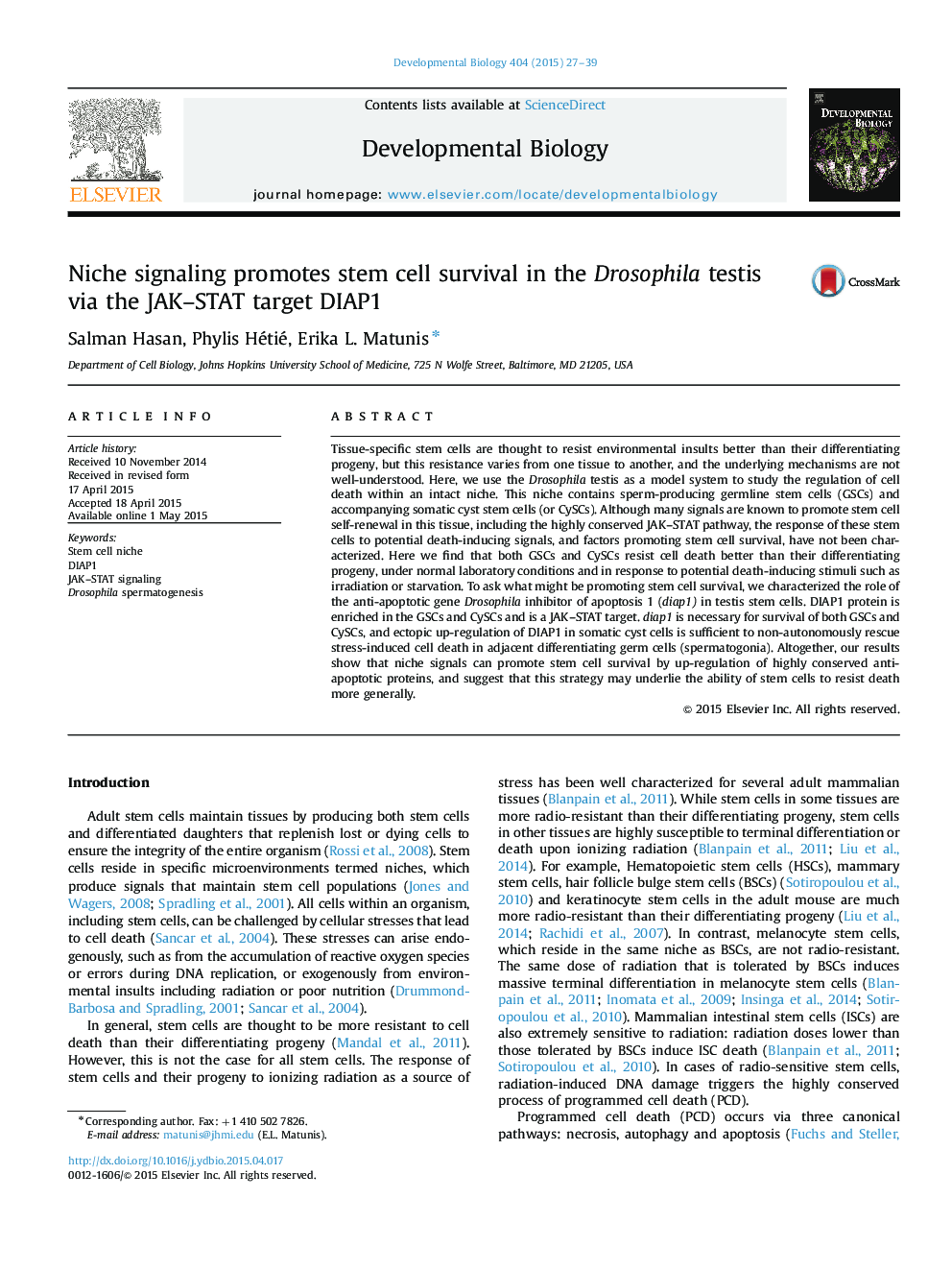 Niche signaling promotes stem cell survival in the Drosophila testis via the JAK–STAT target DIAP1