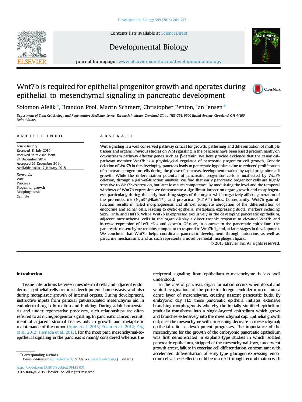 Wnt7b is required for epithelial progenitor growth and operates during epithelial-to-mesenchymal signaling in pancreatic development