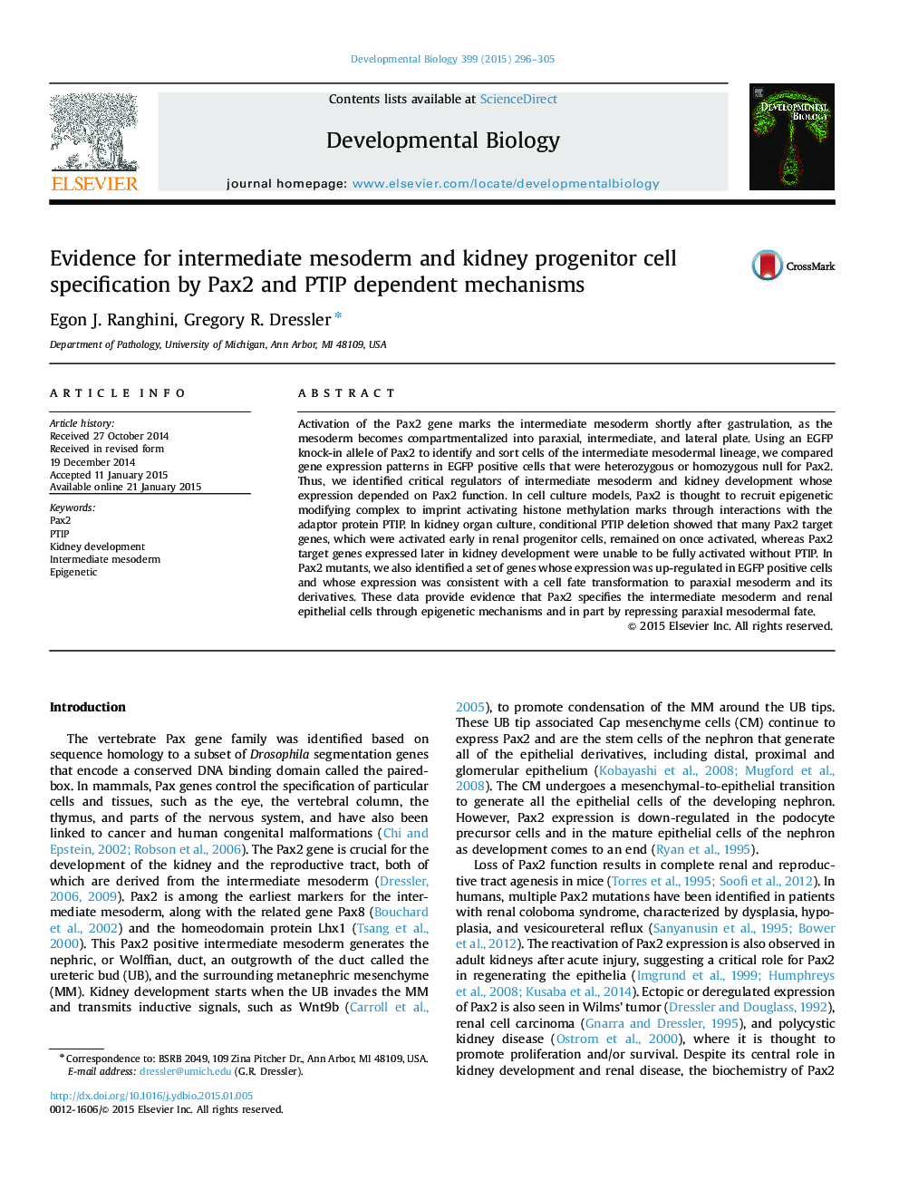 Evidence for intermediate mesoderm and kidney progenitor cell specification by Pax2 and PTIP dependent mechanisms