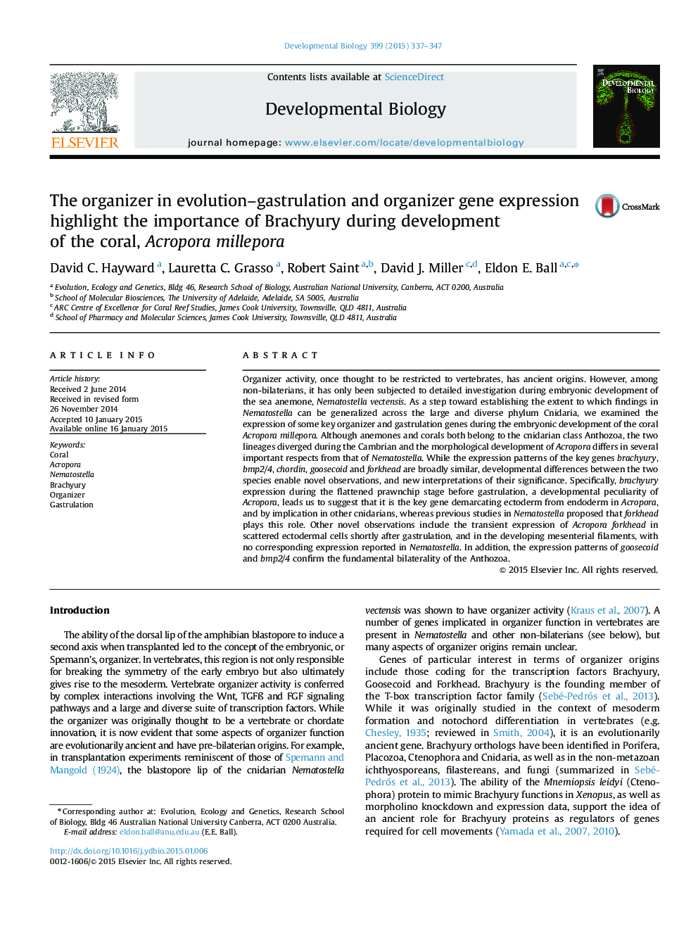 The organizer in evolution–gastrulation and organizer gene expression highlight the importance of Brachyury during development of the coral, Acropora millepora