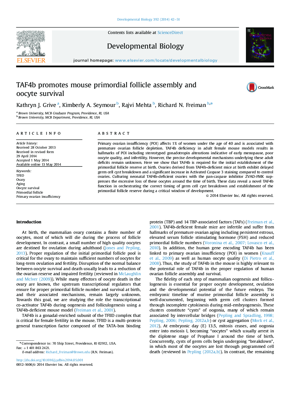 TAF4b promotes mouse primordial follicle assembly and oocyte survival