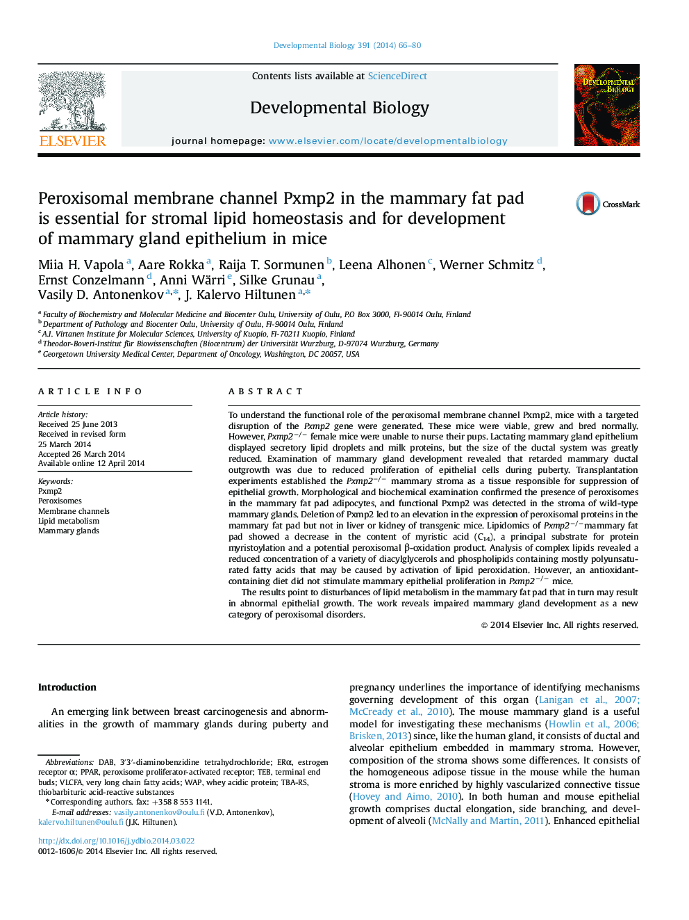 Peroxisomal membrane channel Pxmp2 in the mammary fat pad is essential for stromal lipid homeostasis and for development of mammary gland epithelium in mice