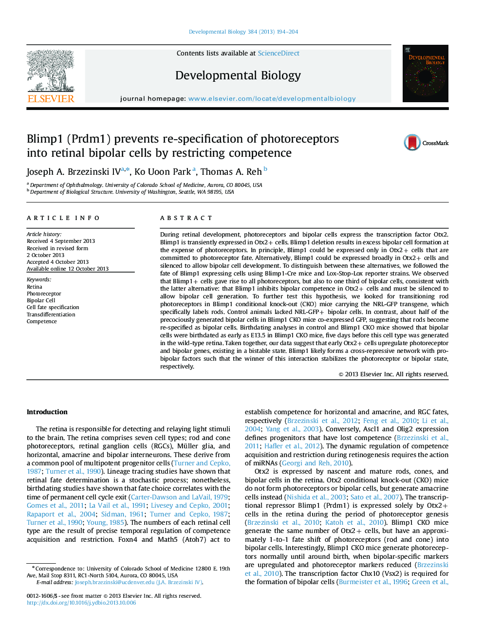 Blimp1 (Prdm1) prevents re-specification of photoreceptors into retinal bipolar cells by restricting competence