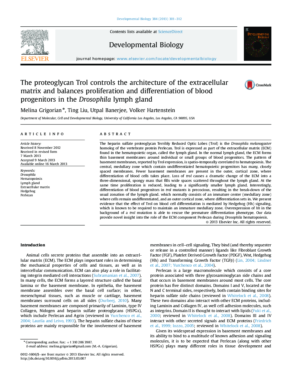 The proteoglycan Trol controls the architecture of the extracellular matrix and balances proliferation and differentiation of blood progenitors in the Drosophila lymph gland