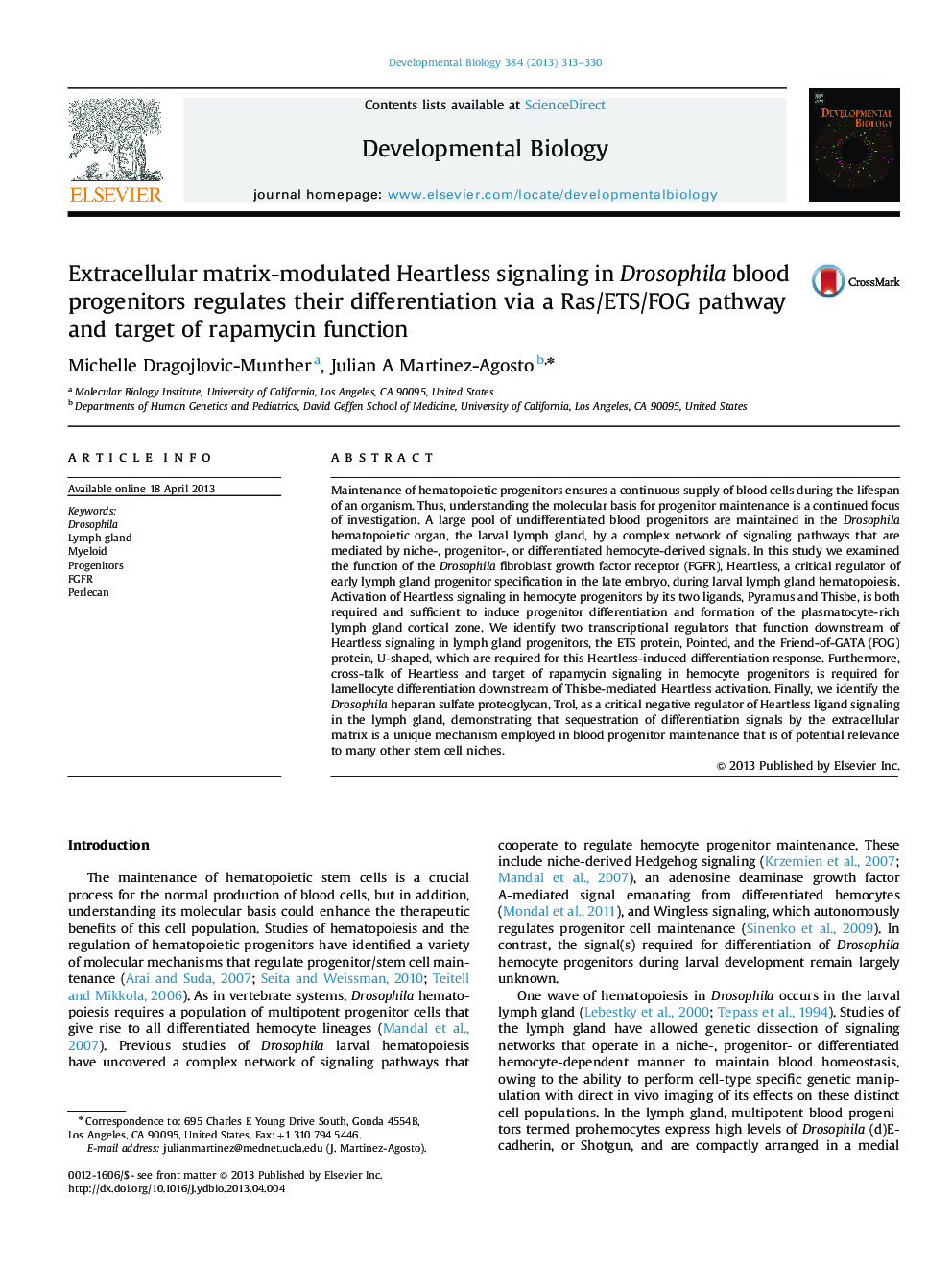 Extracellular matrix-modulated Heartless signaling in Drosophila blood progenitors regulates their differentiation via a Ras/ETS/FOG pathway and target of rapamycin function