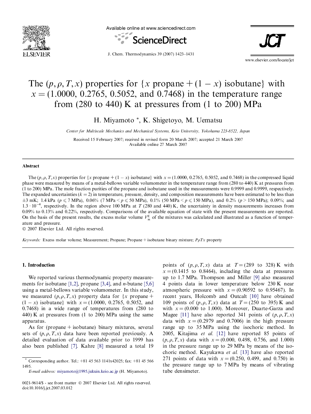 The (p, ρ, T, x) properties for {x propane + (1 − x) isobutane} with x = (1.0000, 0.2765, 0.5052, and 0.7468) in the temperature range from (280 to 440) K at pressures from (1 to 200) MPa