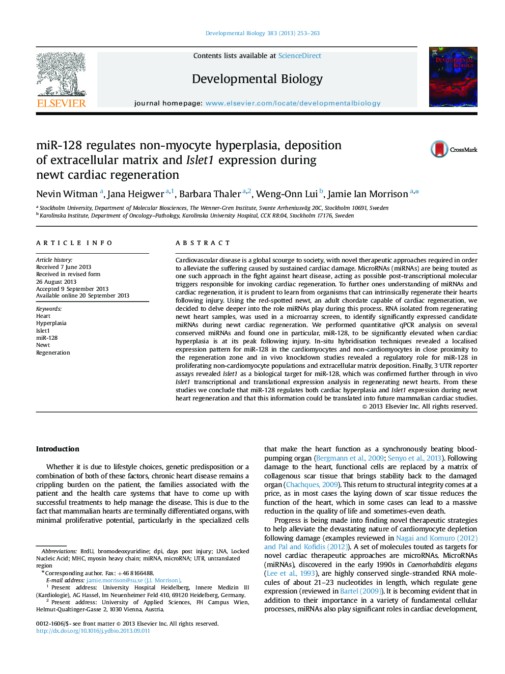 miR-128 regulates non-myocyte hyperplasia, deposition of extracellular matrix and Islet1 expression during newt cardiac regeneration