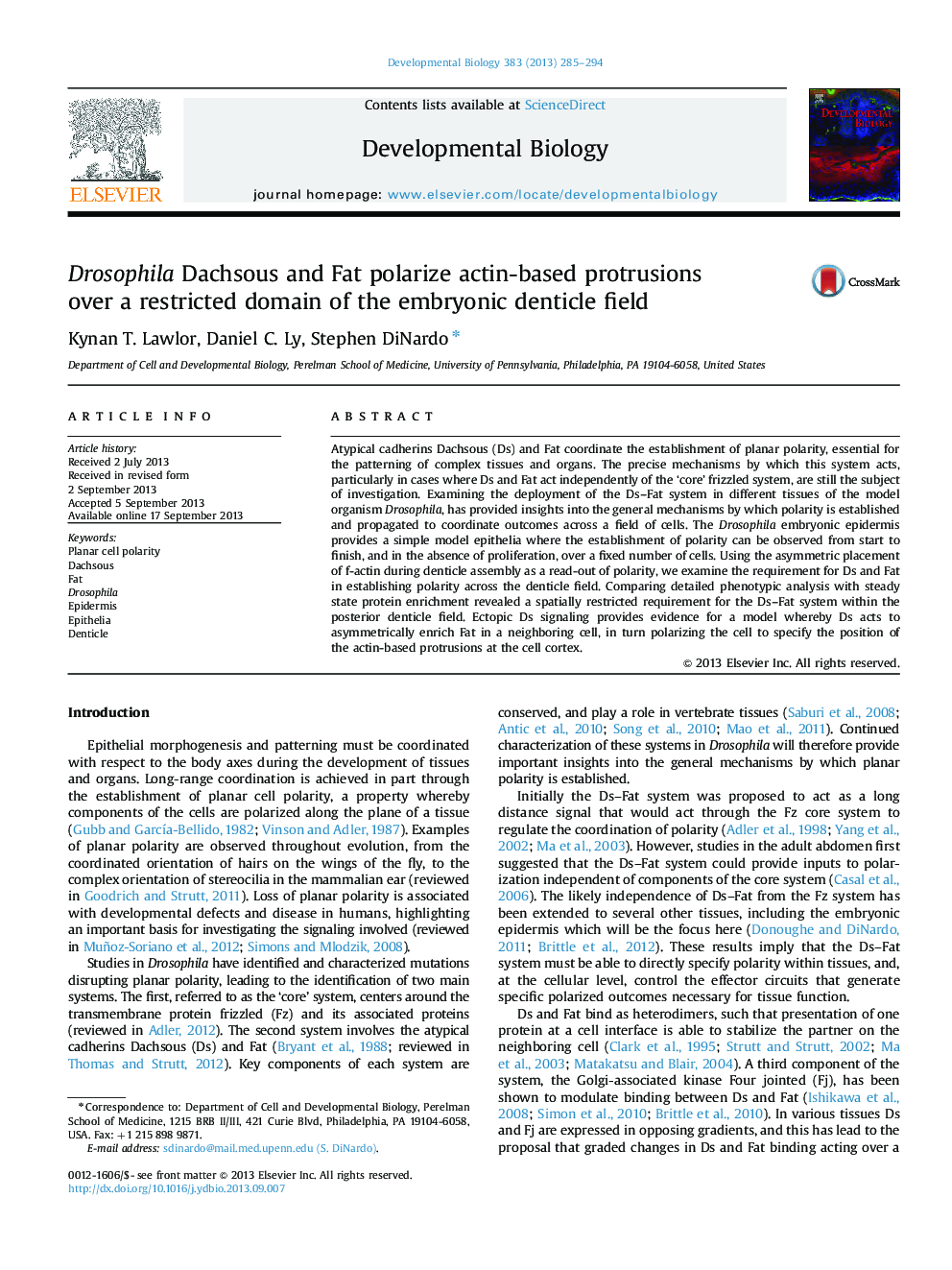 Drosophila Dachsous and Fat polarize actin-based protrusions over a restricted domain of the embryonic denticle field