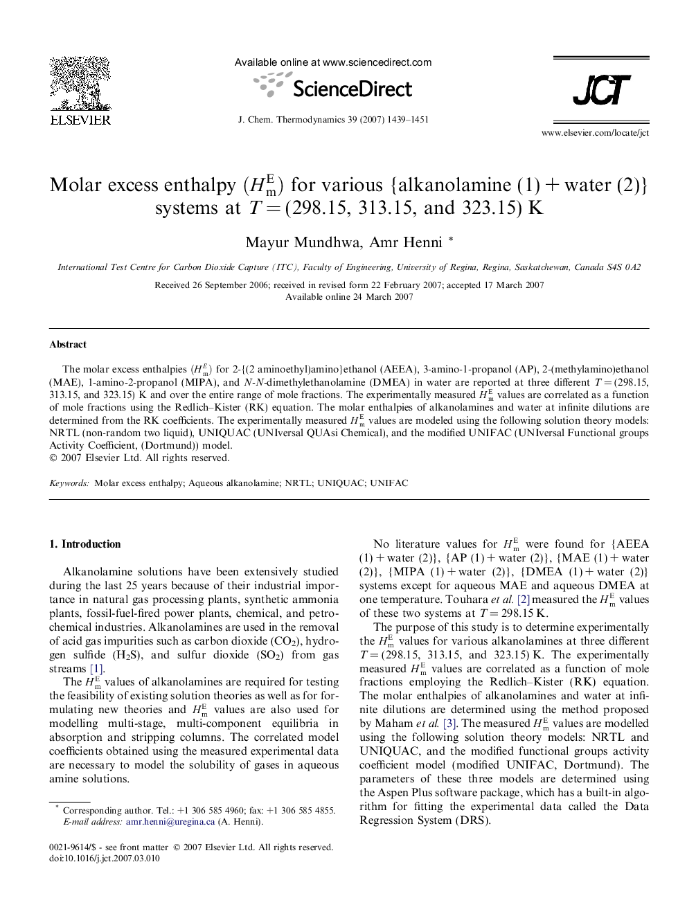 Molar excess enthalpy (HmE) for various {alkanolamine (1) + water (2)} systems at T = (298.15, 313.15, and 323.15) K