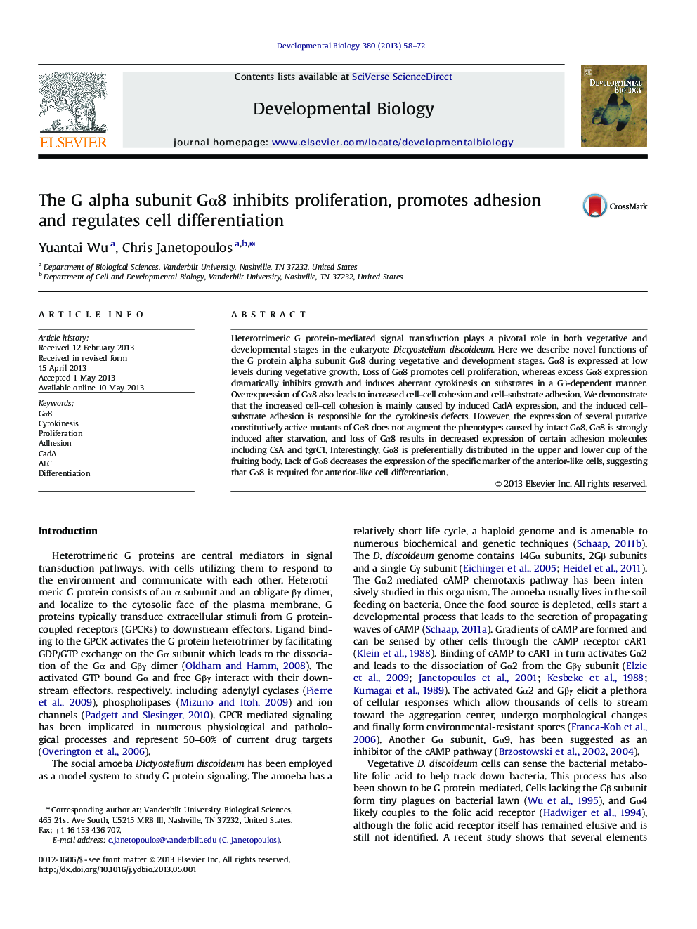 The G alpha subunit Gα8 inhibits proliferation, promotes adhesion and regulates cell differentiation