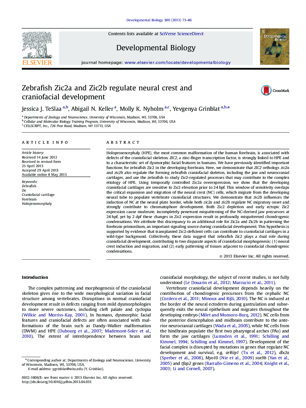 Zebrafish Zic2a and Zic2b regulate neural crest and craniofacial development