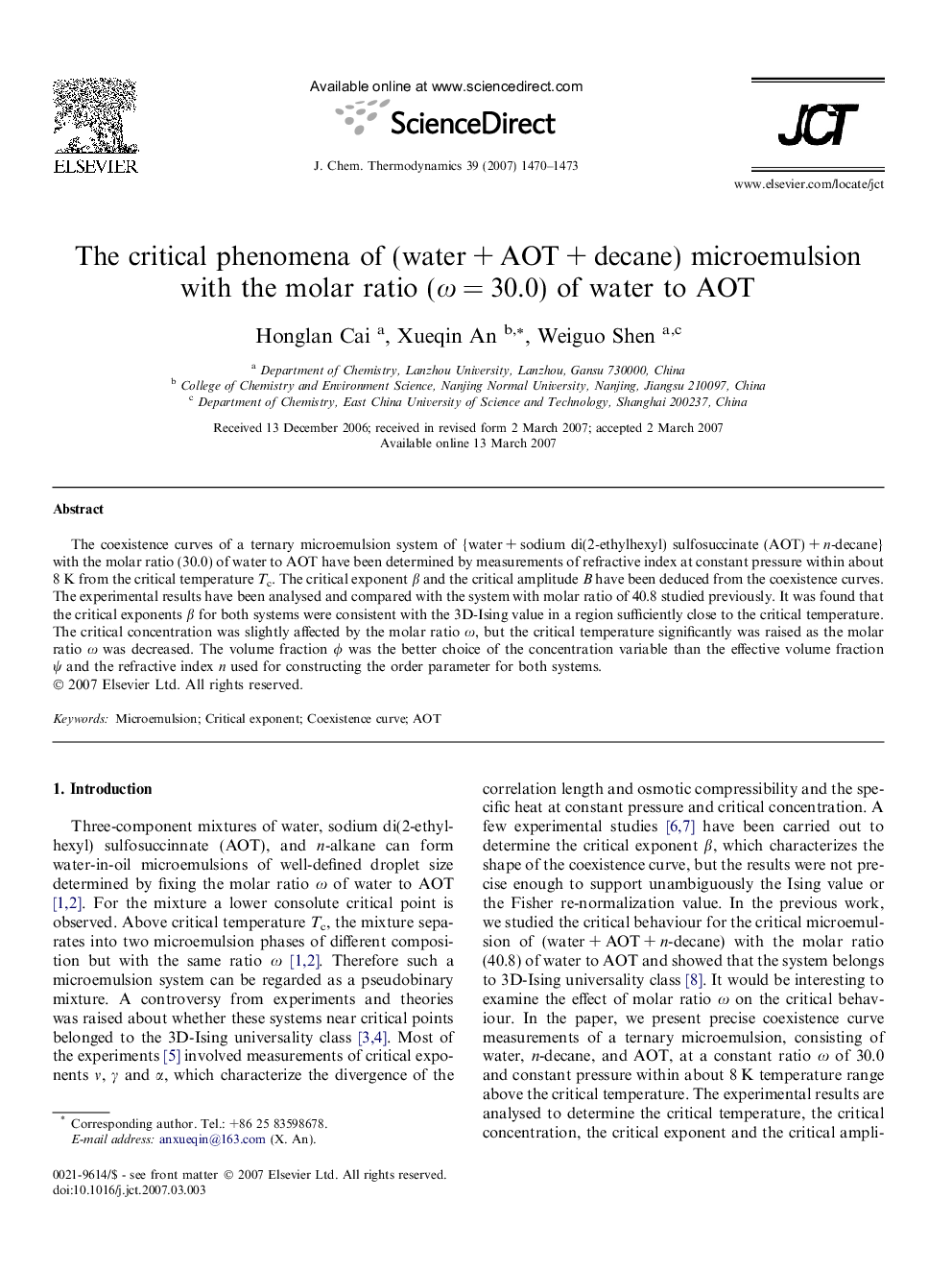 The critical phenomena of (water + AOT + decane) microemulsion with the molar ratio (ω = 30.0) of water to AOT