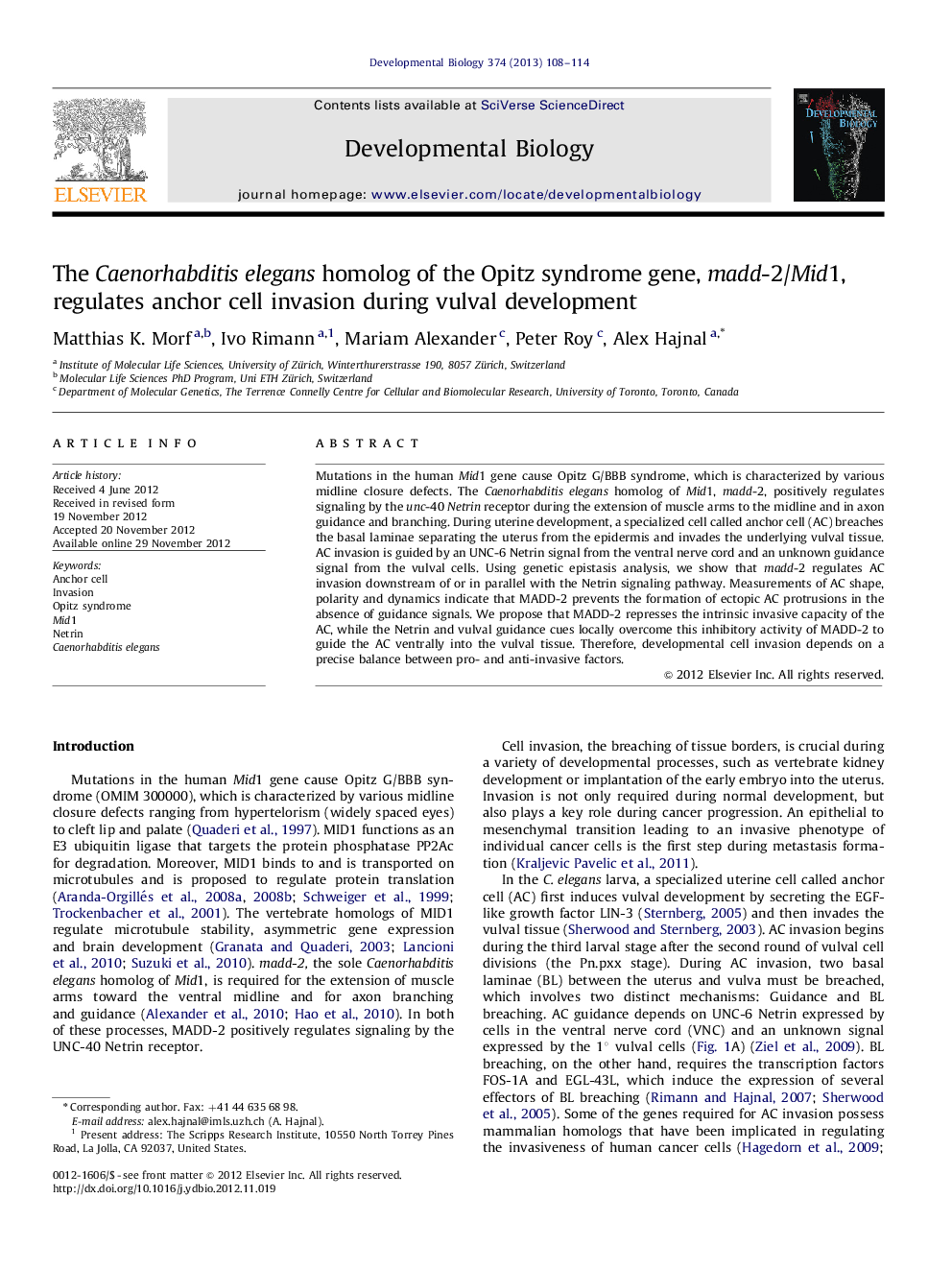 The Caenorhabditis elegans homolog of the Opitz syndrome gene, madd-2/Mid1, regulates anchor cell invasion during vulval development