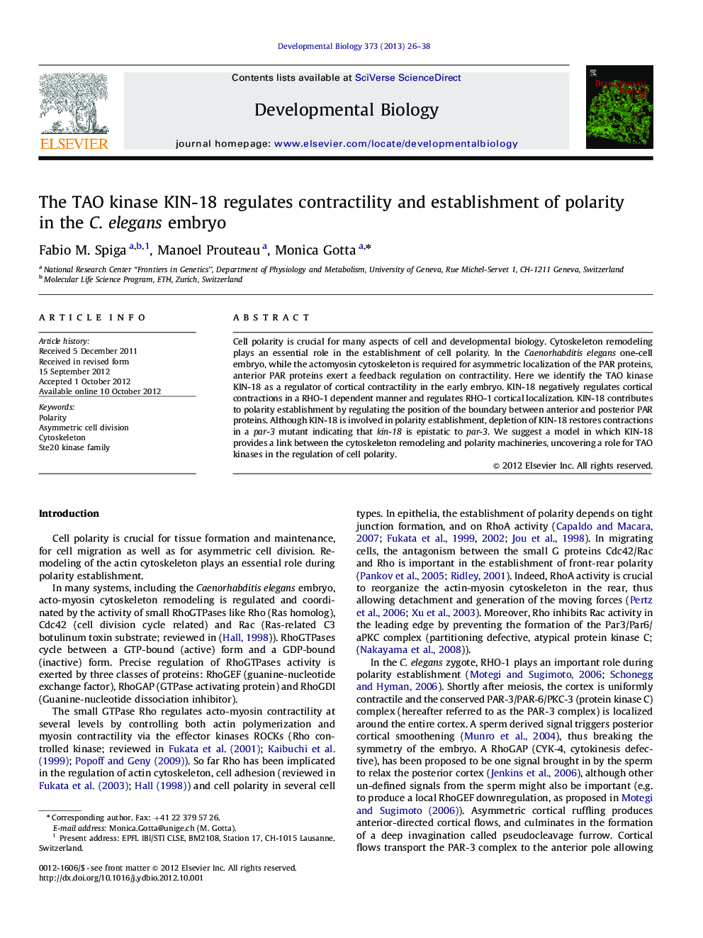 The TAO kinase KIN-18 regulates contractility and establishment of polarity in the C. elegans embryo