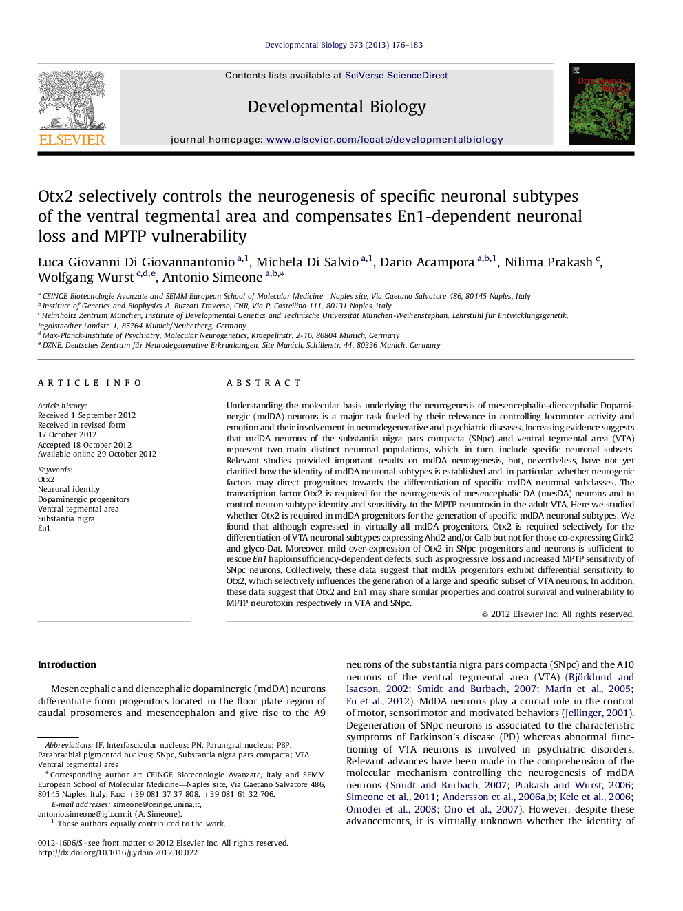 Otx2 selectively controls the neurogenesis of specific neuronal subtypes of the ventral tegmental area and compensates En1-dependent neuronal loss and MPTP vulnerability