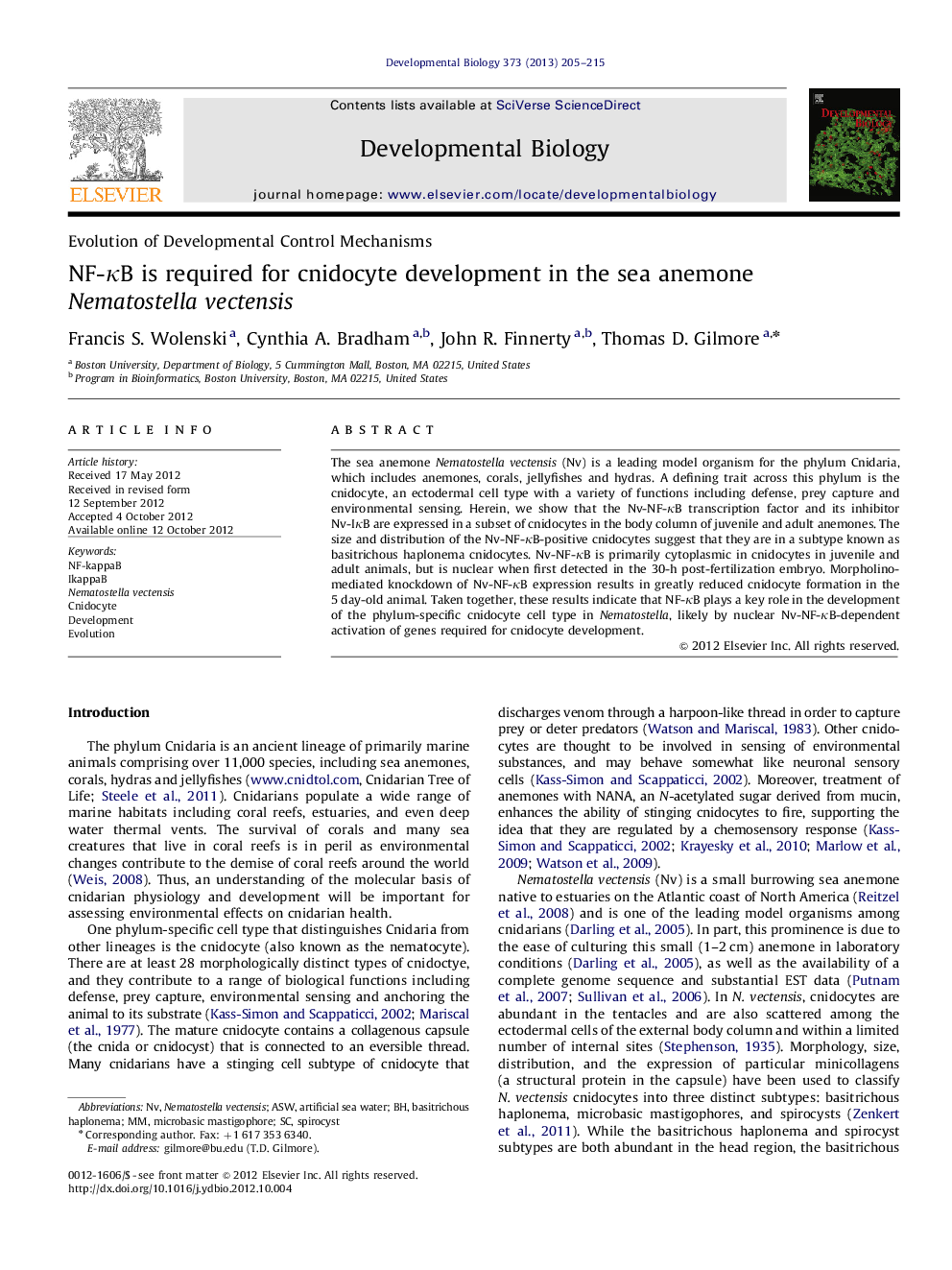 عکس صفحه اول مقاله: NF-κB is required for cnidocyte development in the sea anemone Nematostella vectensis NF-κB is required for cnidocyte development in the sea anemone Nematostella vectensis