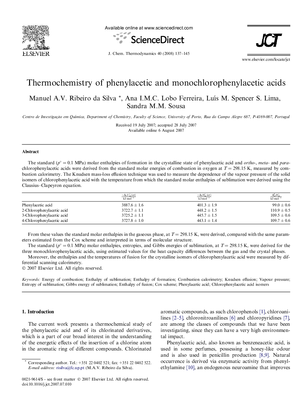 عکس صفحه اول مقاله: Thermochemistry of phenylacetic and monochlorophenylacetic acids Thermochemistry of phenylacetic and monochlorophenylacetic acids