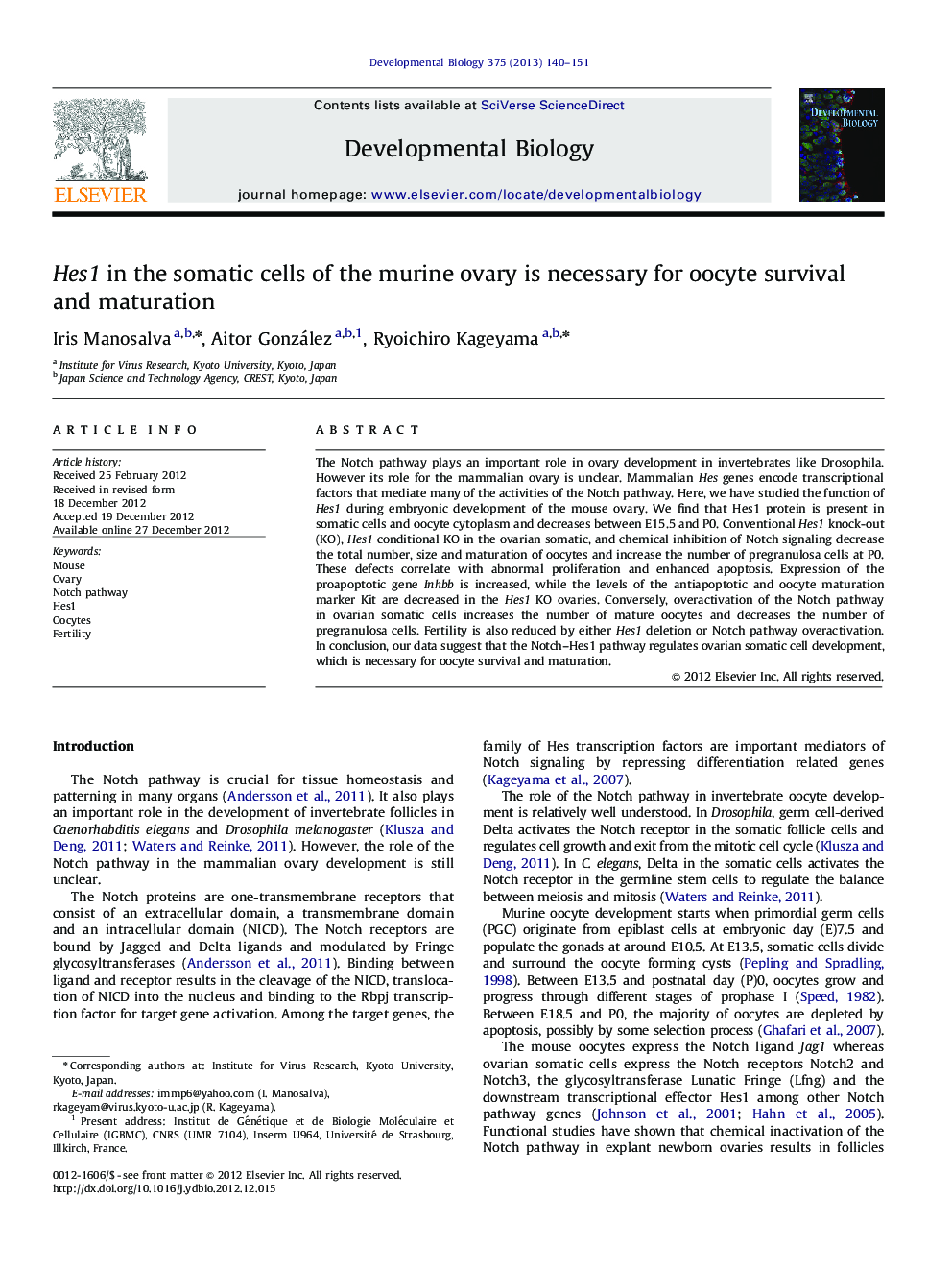 Hes1 in the somatic cells of the murine ovary is necessary for oocyte survival and maturation