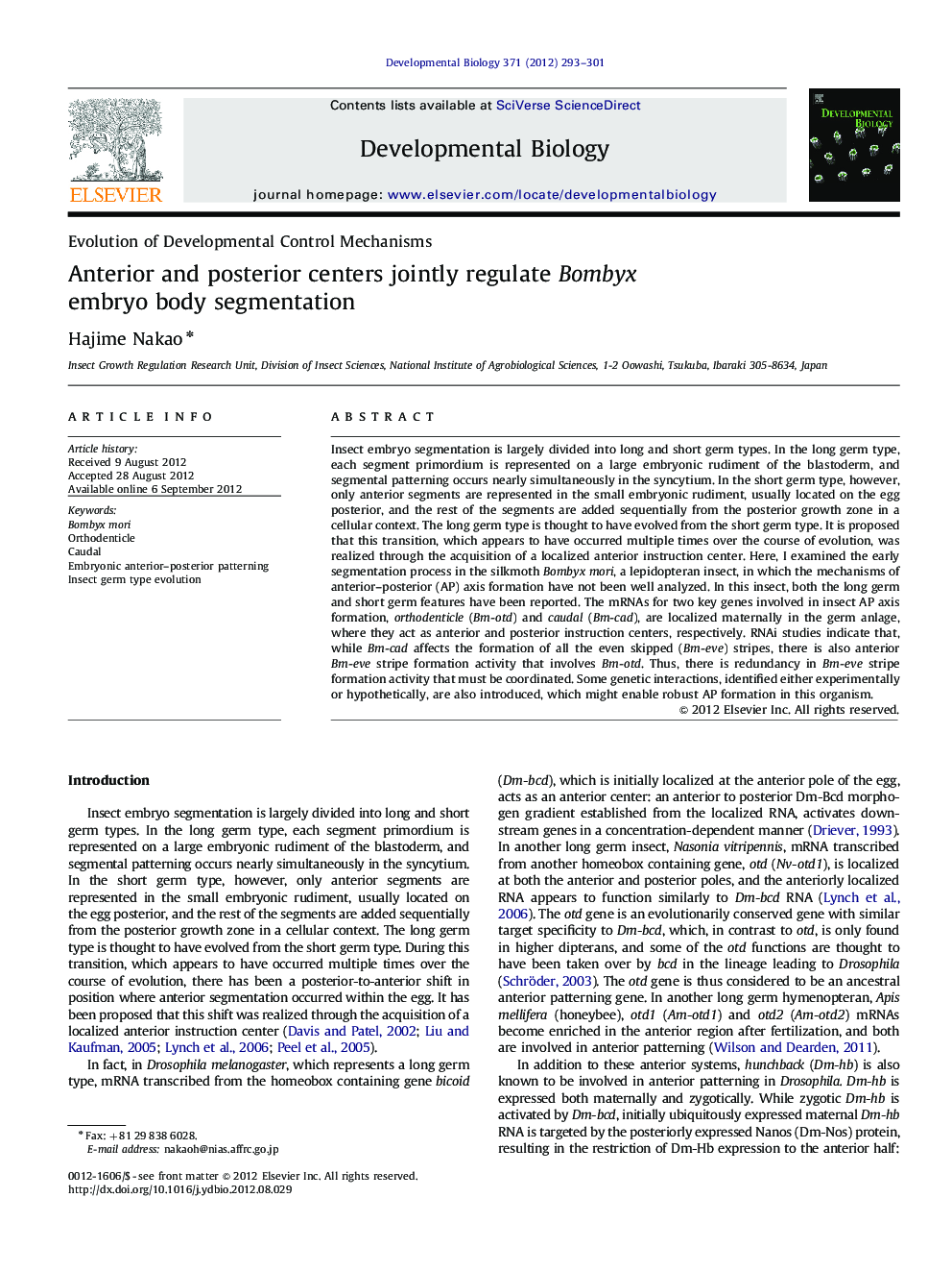 Anterior and posterior centers jointly regulate Bombyx embryo body segmentation