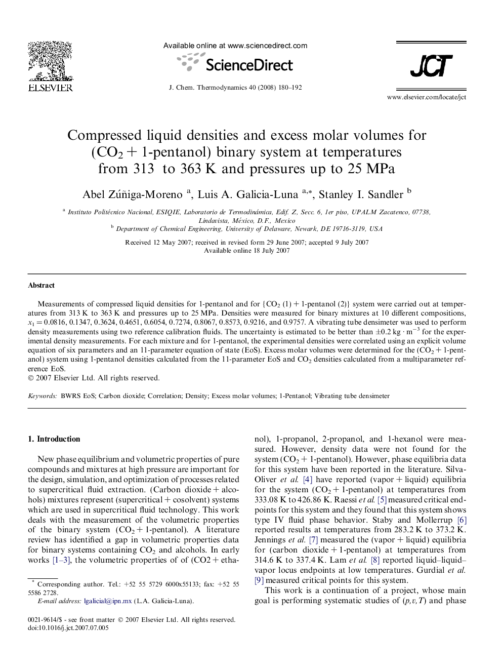 Compressed liquid densities and excess molar volumes for (CO2 + 1-pentanol) binary system at temperatures from 313  to 363 K and pressures up to 25 MPa