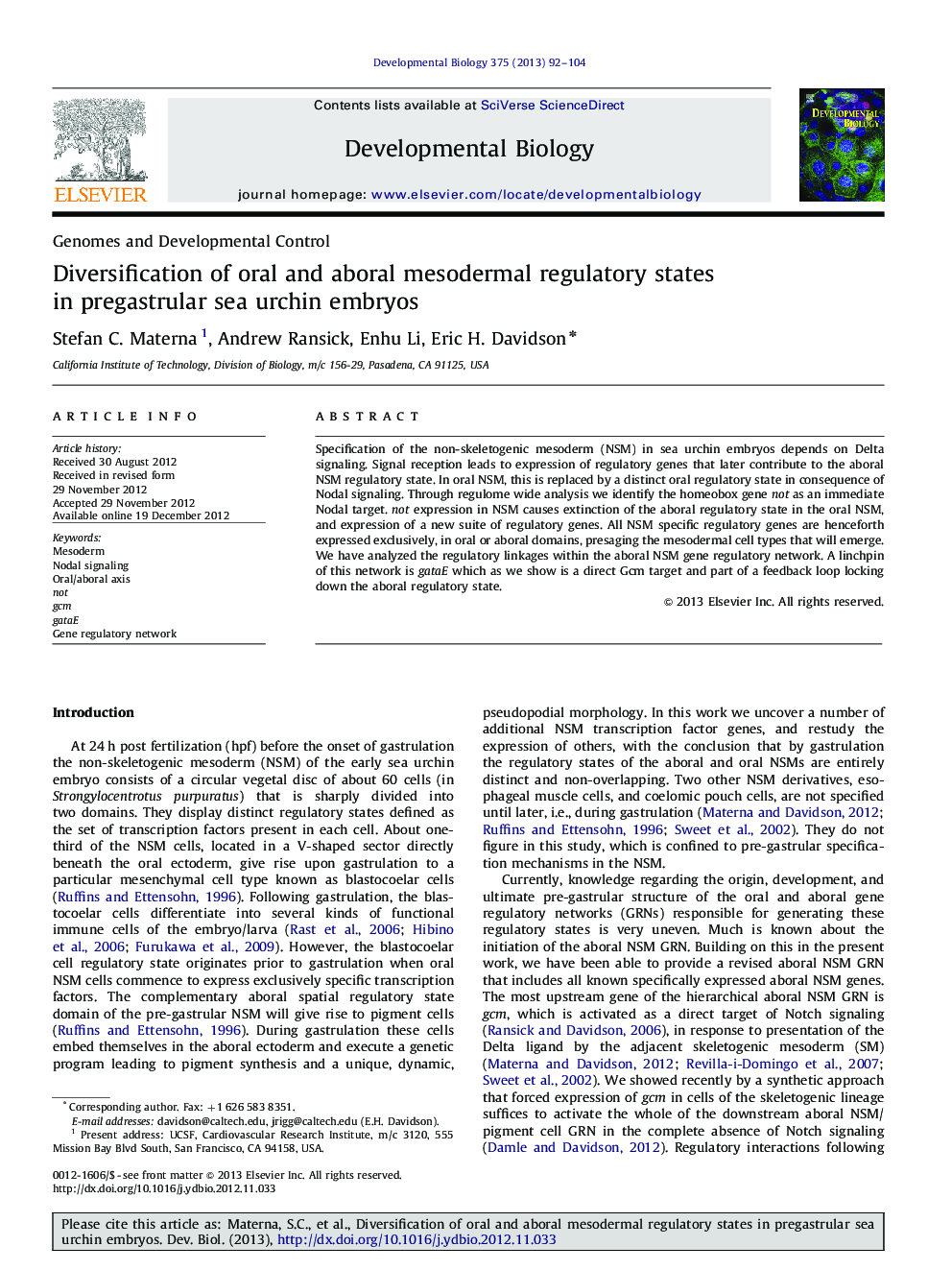 Diversification of oral and aboral mesodermal regulatory states in pregastrular sea urchin embryos