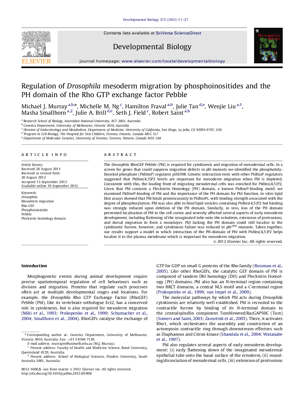 عکس صفحه اول مقاله: Regulation of Drosophila mesoderm migration by phosphoinositides and the PH domain of the Rho GTP exchange factor Pebble Regulation of Drosophila mesoderm migration by phosphoinositides and the PH domain of the Rho GTP exchange factor Pebble