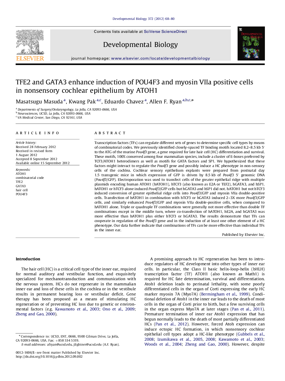 TFE2 and GATA3 enhance induction of POU4F3 and myosin VIIa positive cells in nonsensory cochlear epithelium by ATOH1