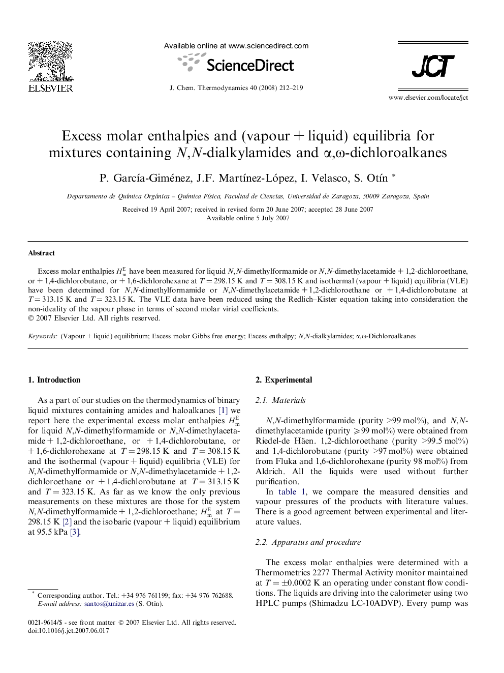 عکس صفحه اول مقاله: Excess molar enthalpies and (vapour + liquid) equilibria for mixtures containing N,N-dialkylamides and α,ω-dichloroalkanes Excess molar enthalpies and (vapour + liquid) equilibria for mixtures containing N,N-dialkylamides and α,ω-dichloroalkanes