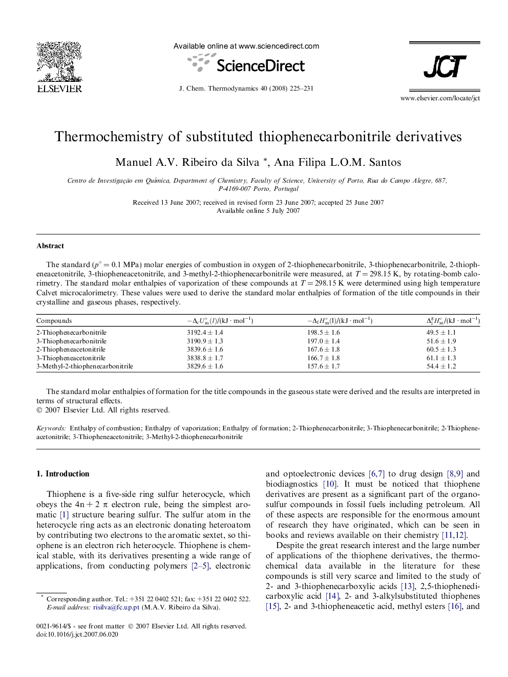 عکس صفحه اول مقاله: Thermochemistry of substituted thiophenecarbonitrile derivatives Thermochemistry of substituted thiophenecarbonitrile derivatives