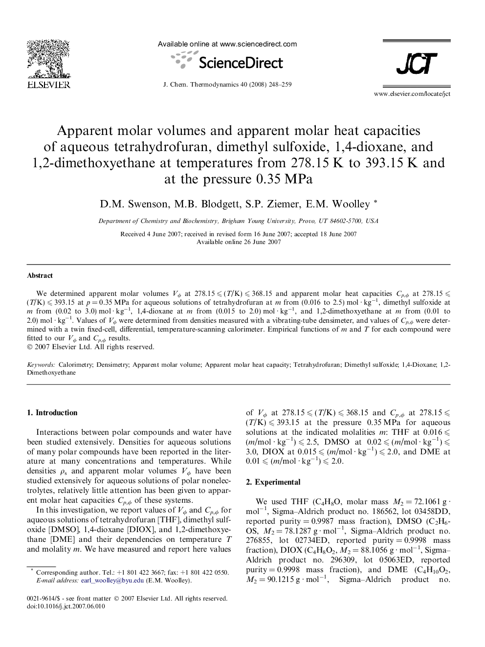 عکس صفحه اول مقاله: Apparent molar volumes and apparent molar heat capacities of aqueous tetrahydrofuran, dimethyl sulfoxide, 1,4-dioxane, and 1,2-dimethoxyethane at temperatures from 278.15 K to 393.15 K and at the pressure 0.35 MPa Apparent molar volumes and apparent molar heat capacities of aqueous tetrahydrofuran, dimethyl sulfoxide, 1,4-dioxane, and 1,2-dimethoxyethane at temperatures from 278.15 K to 393.15 K and at the pressure 0.35 MPa