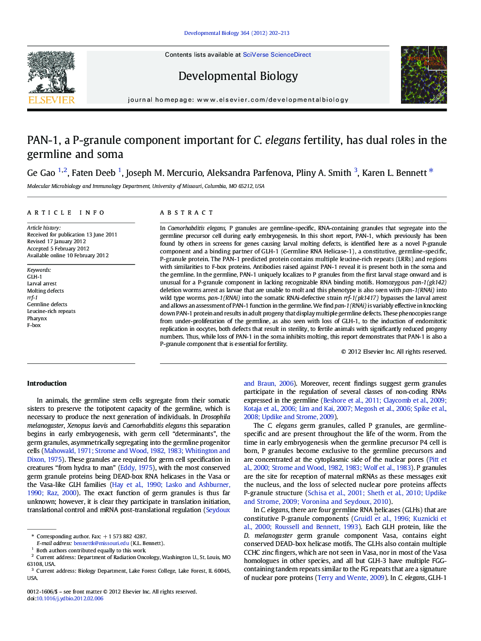 PAN-1, a P-granule component important for C. elegans fertility, has dual roles in the germline and soma