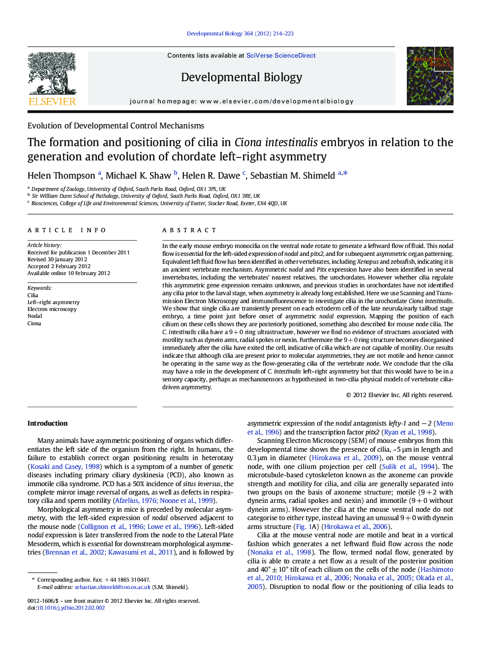 The formation and positioning of cilia in Ciona intestinalis embryos in relation to the generation and evolution of chordate left-right asymmetry