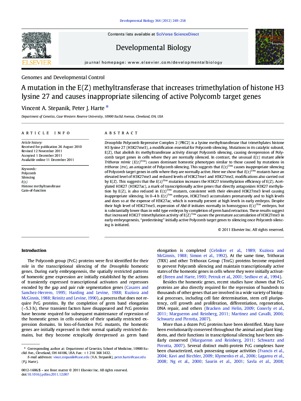 A mutation in the E(Z) methyltransferase that increases trimethylation of histone H3 lysine 27 and causes inappropriate silencing of active Polycomb target genes