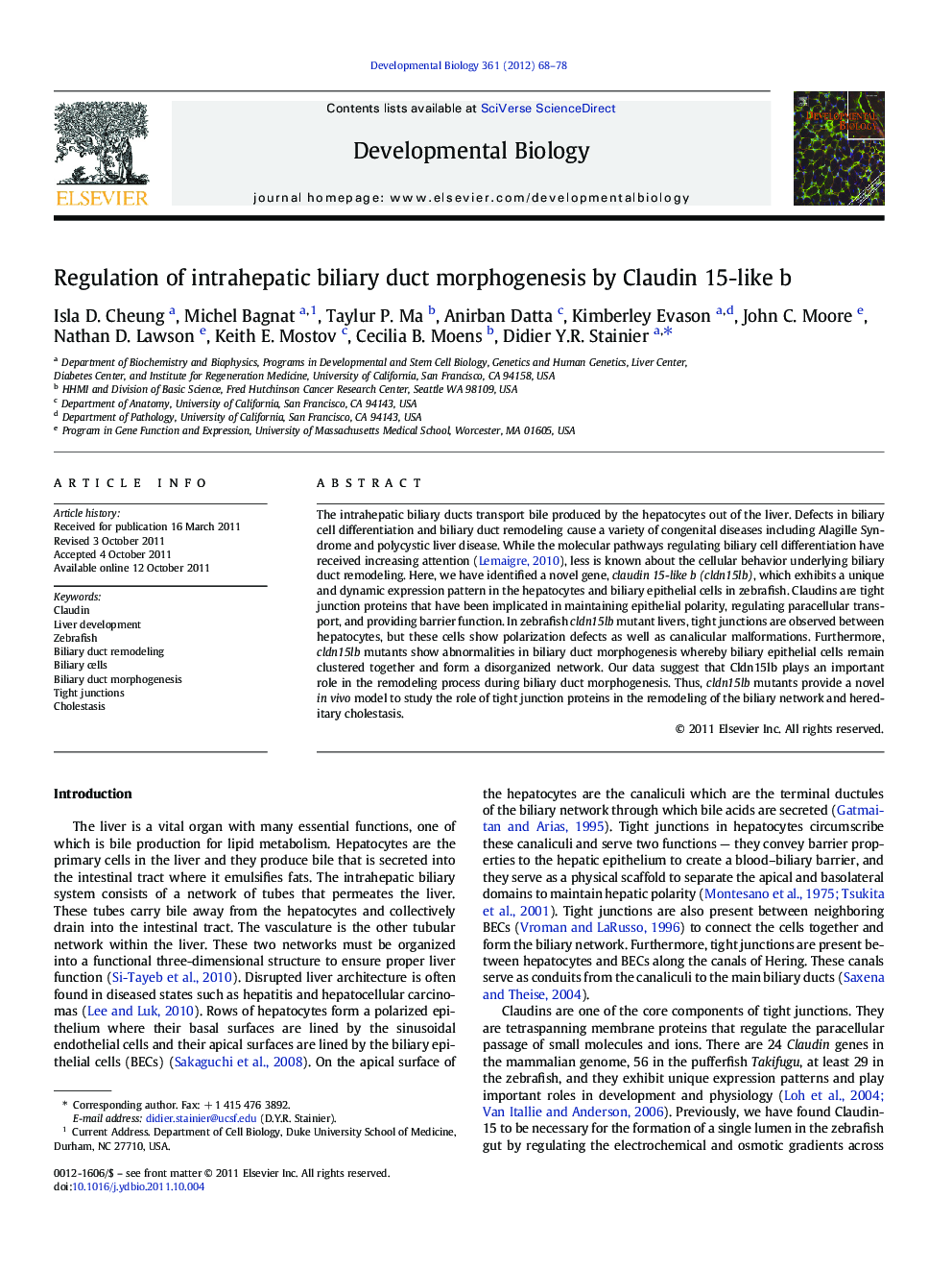 Regulation of intrahepatic biliary duct morphogenesis by Claudin 15-like b