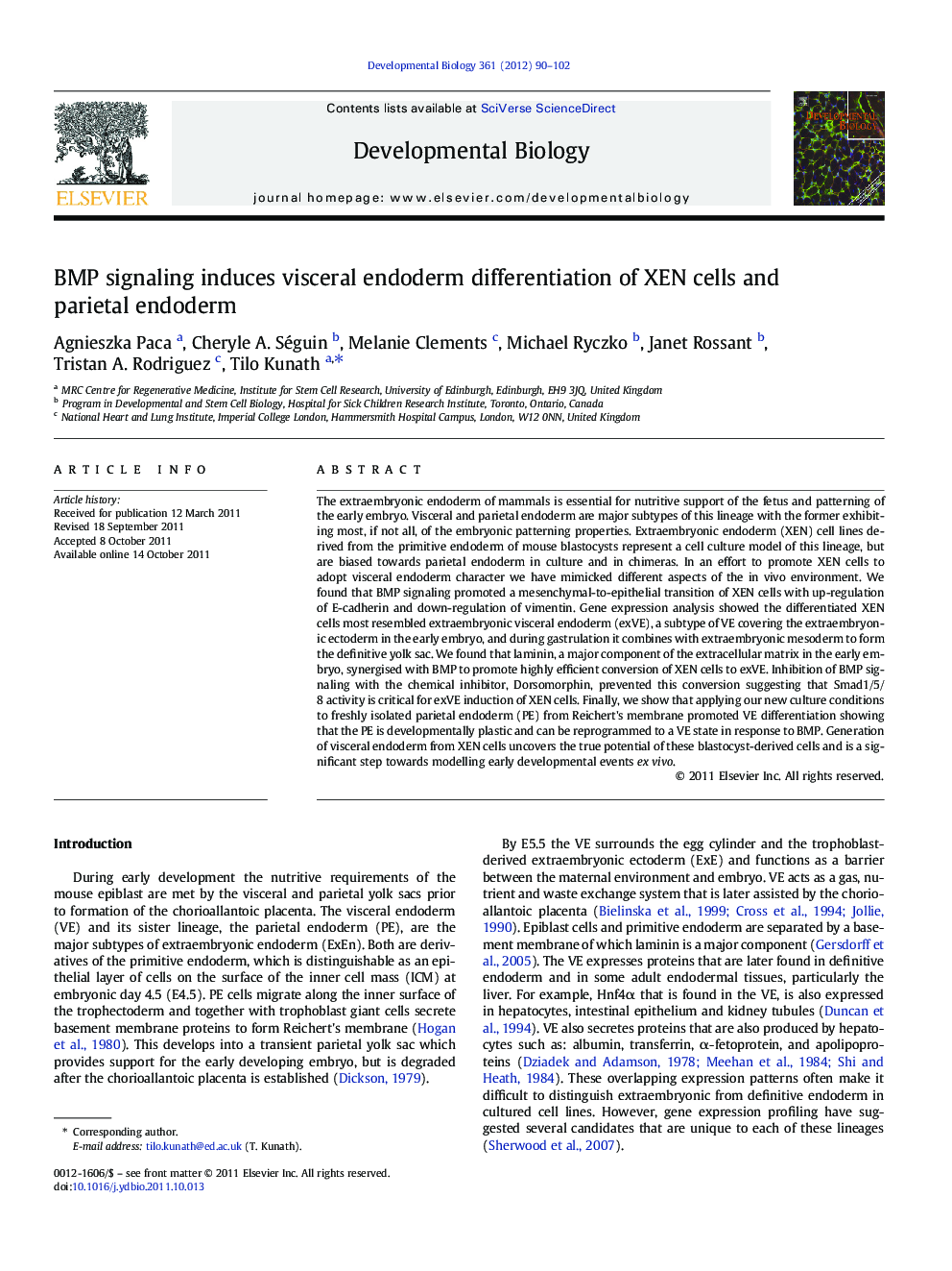 BMP signaling induces visceral endoderm differentiation of XEN cells and parietal endoderm