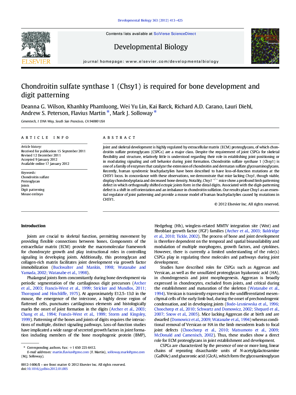 Chondroitin sulfate synthase 1 (Chsy1) is required for bone development and digit patterning