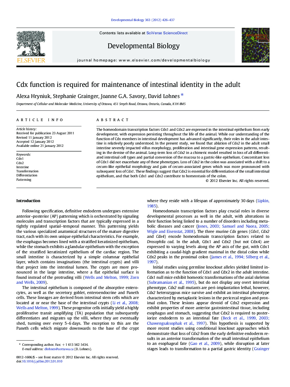 Cdx function is required for maintenance of intestinal identity in the adult