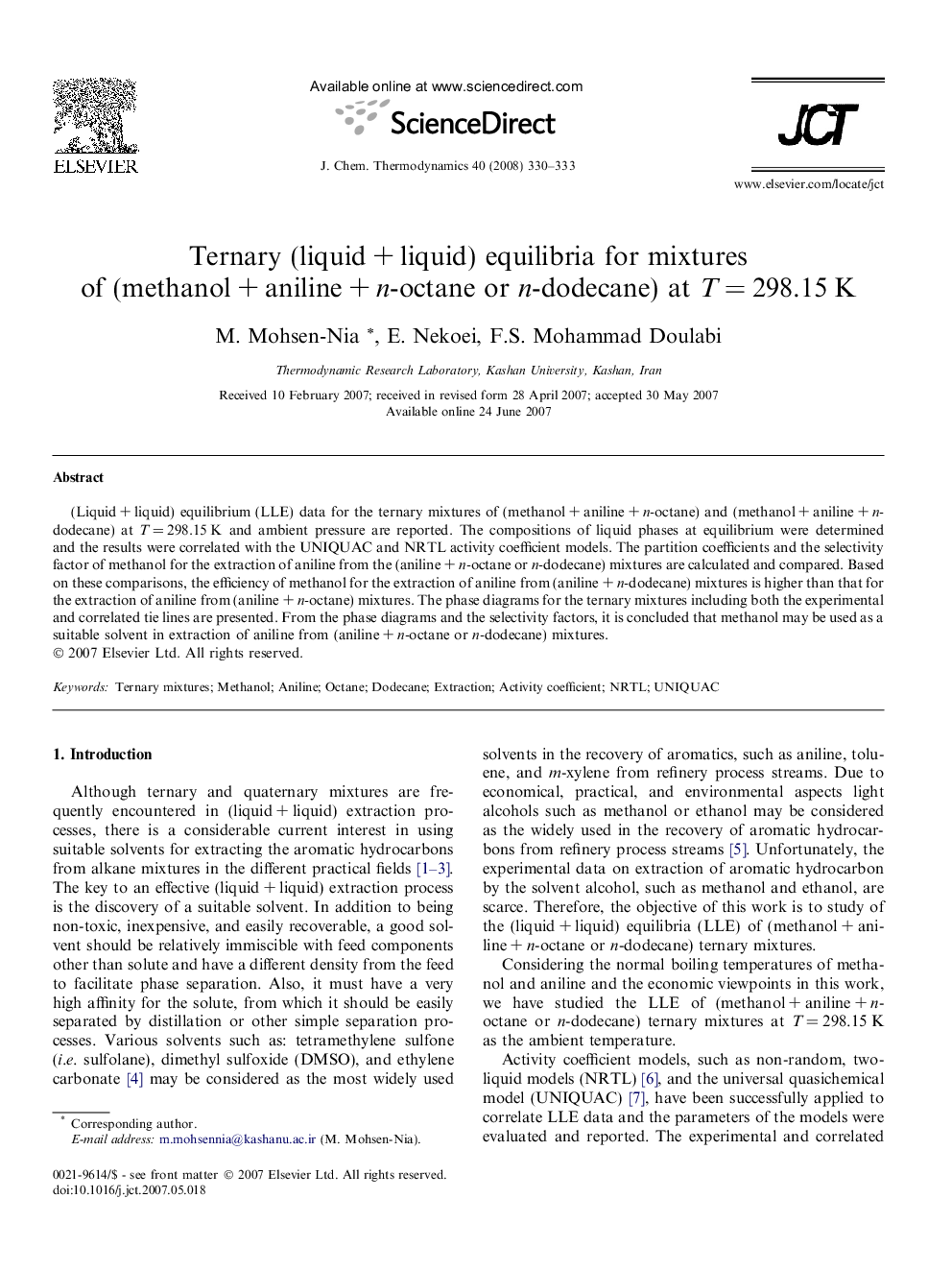 Ternary (liquid + liquid) equilibria for mixtures of (methanol + aniline + n-octane or n-dodecane) at T = 298.15 K