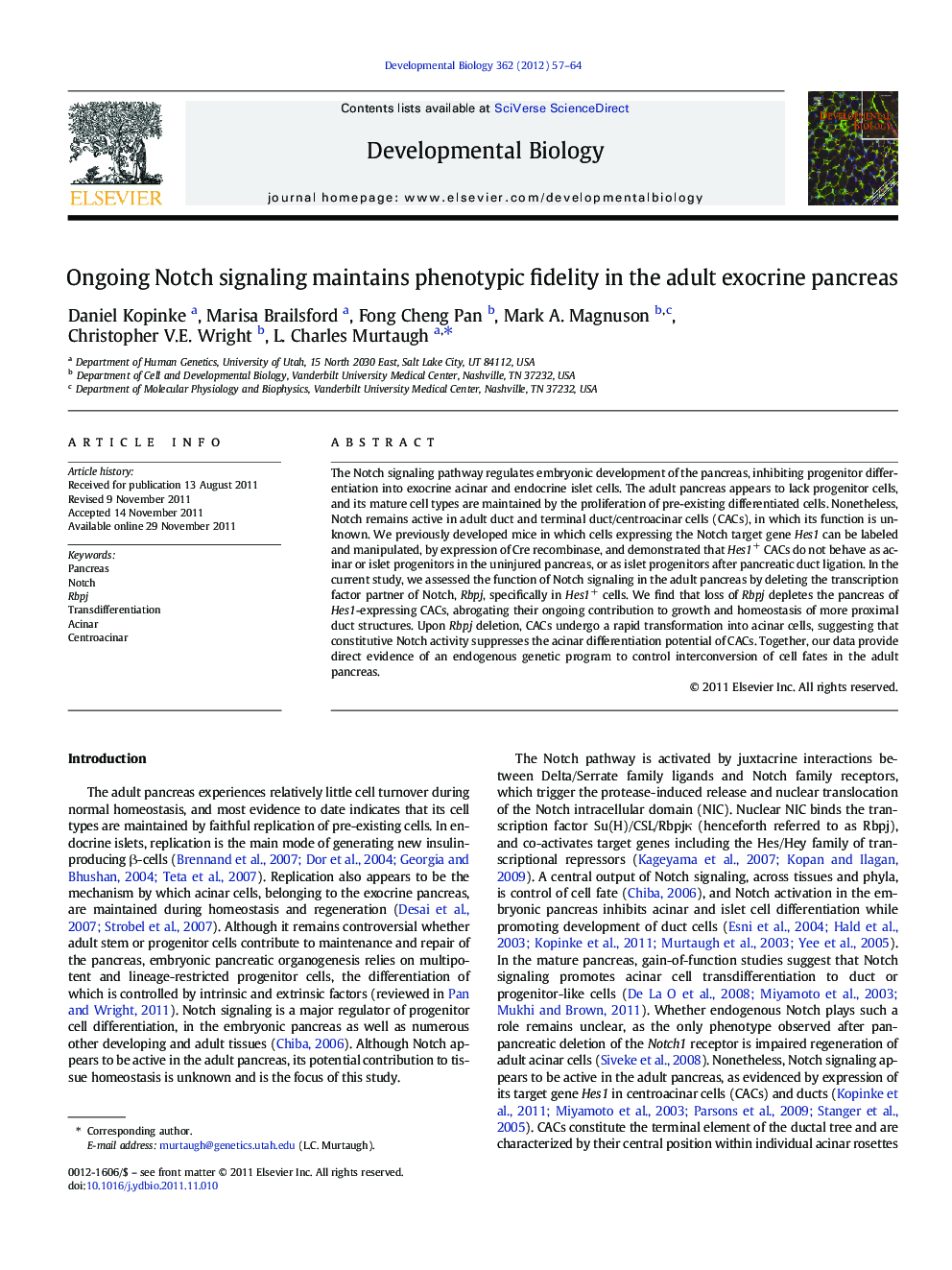 Ongoing Notch signaling maintains phenotypic fidelity in the adult exocrine pancreas